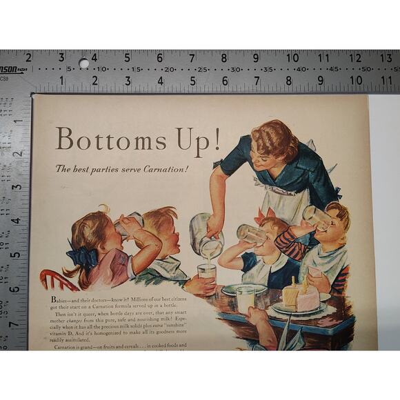 1943 Carnation Milk Print Ad Bottoms Up Party Scene Kids Drinking 1940s Ephemera - Picture 4 of 7